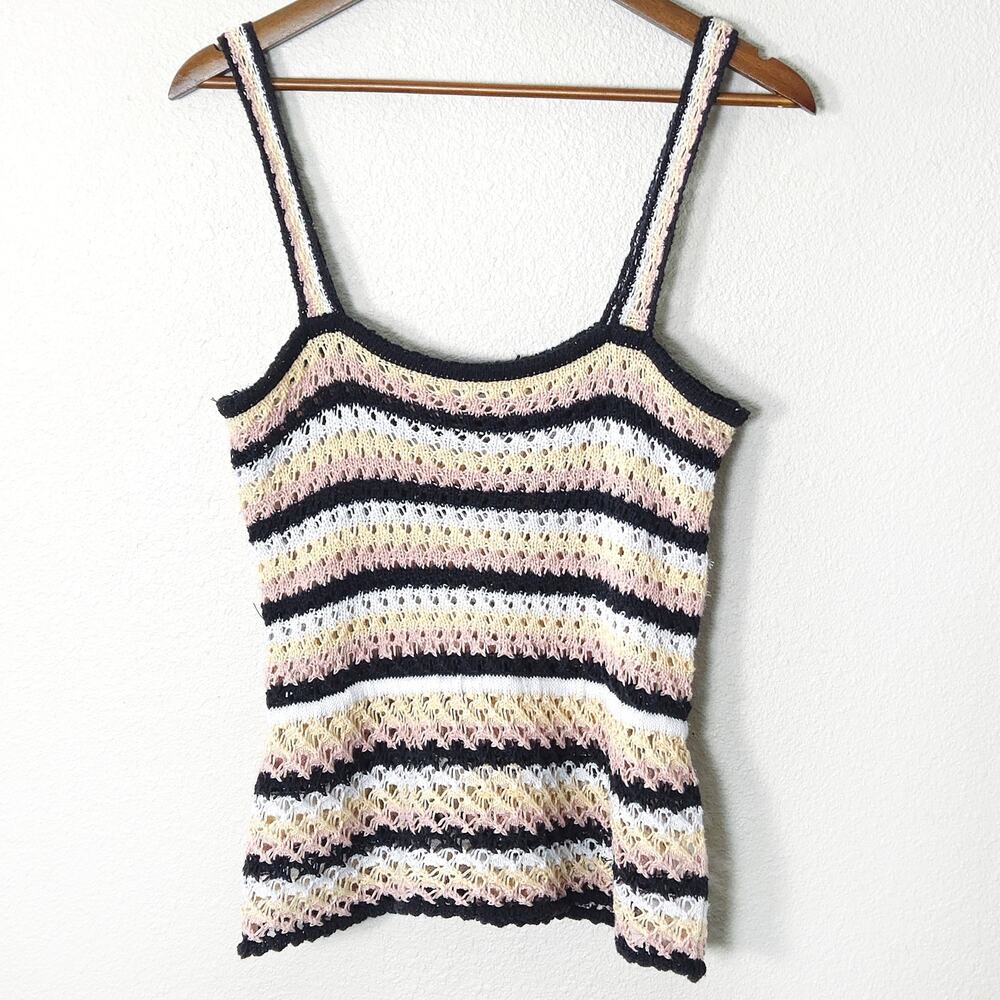 Poof! Striped Crochet Spaghetti Strap Tank Top in Black, Pink, Cream